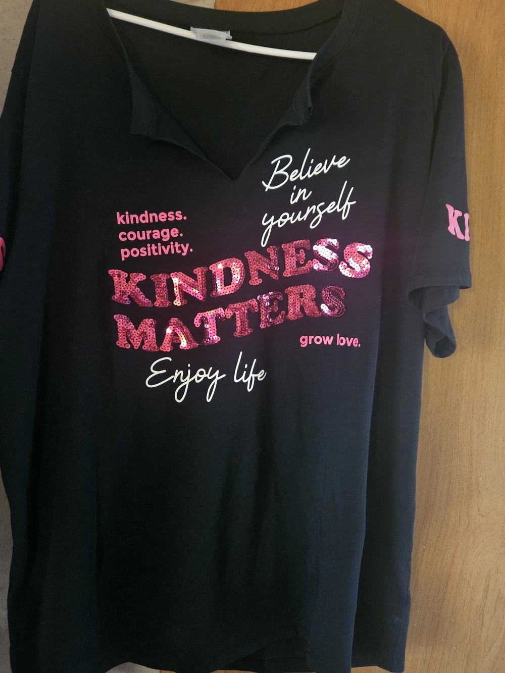 Kindness Matters Women's Black Graphic Tee with Pink Sequin Lettering